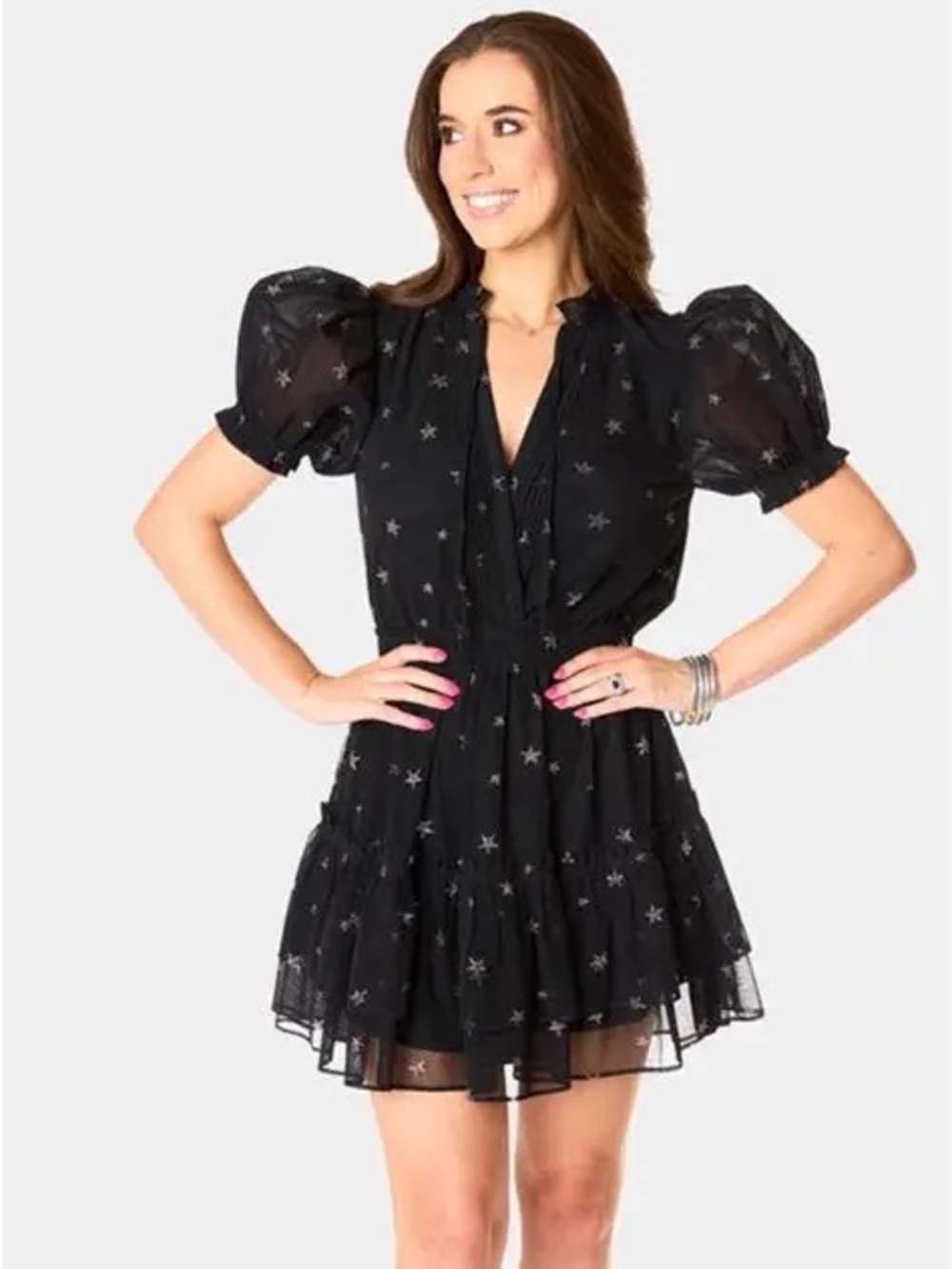Buddy Love Black Star-Print Puff Sleeve Mini Dress - Size Medium